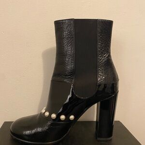 CHANEL Black Heeled Boots with Pearl Accents